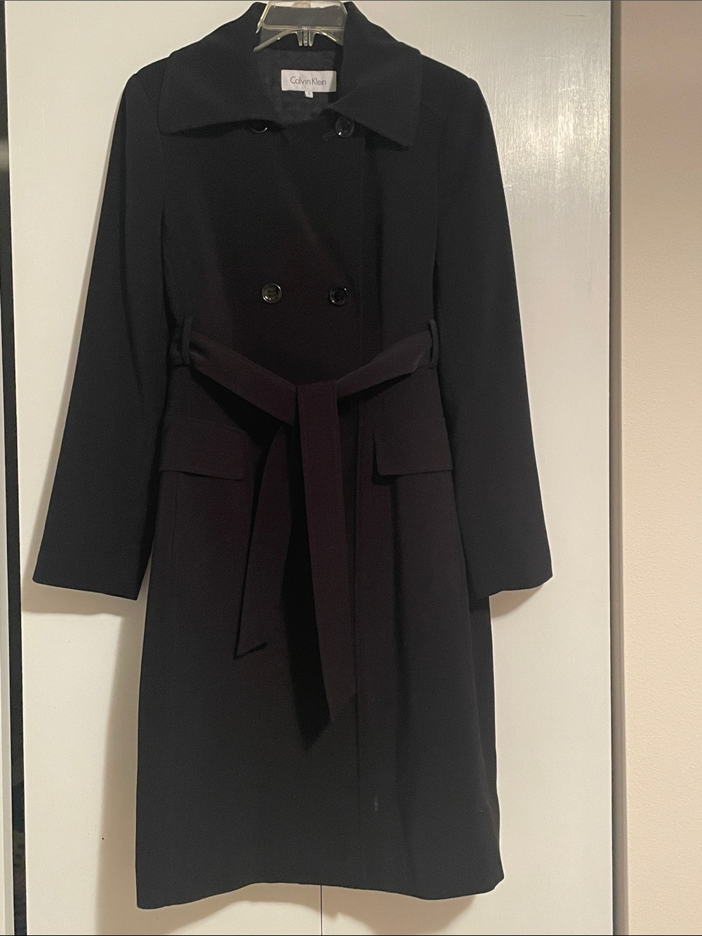 Calvin Klein Black Double-Breasted Belted Trench Coat Size S - Picture 1 of 9
